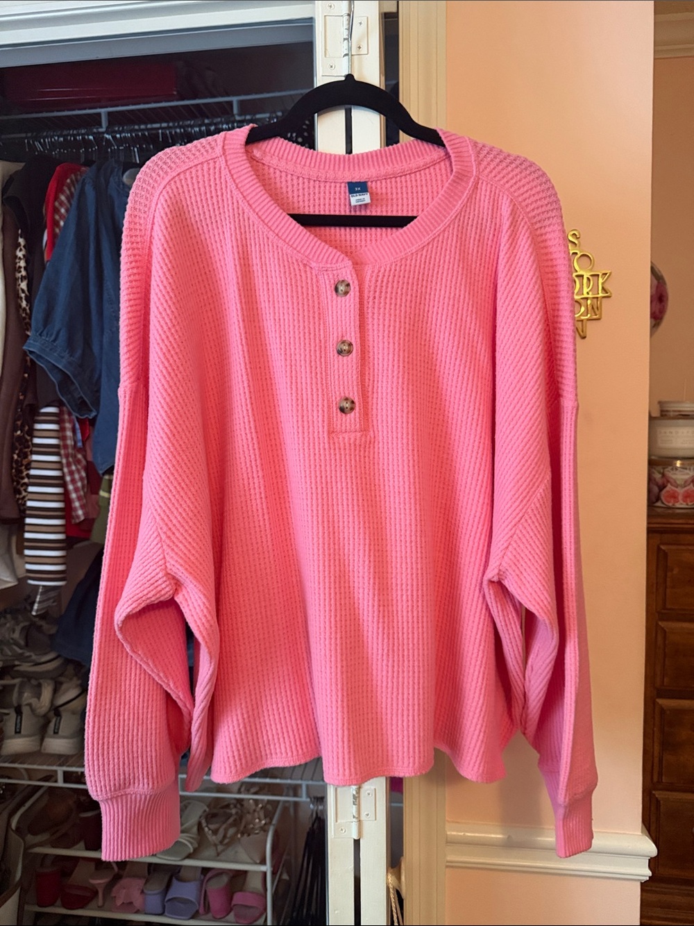 Pink Waffle-Knit Henley Sweater